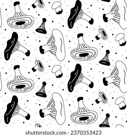 Vector linear seamless pattern with mushrooms and decor. Hand-drawn texture with small and large flat mushrooms, on a white background with confetti. Botanical illustration of natural elements. forest
