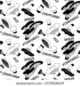 Vector linear seamless pattern with mushrooms and their names. A hand-drawn texture with mushrooms highlighted on a white background. Botanical illustration of natural elements. Details about forest