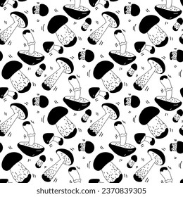 Vector linear seamless pattern with mushrooms and decor. A hand-drawn texture with small and large dense mushrooms highlighted on a white background. Botanical illustration of natural elements. forest