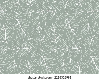 Vector linear seamless pattern with olive tree branches. Repeated Flat vector illustration with fruits for natural organic cosmetics, soap, wrapping paper, textile. Hand drawn Olive seamless pattern
