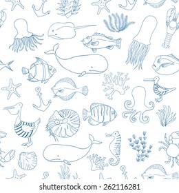 Vector Linear seamless pattern. Sea elements. Nautical animals, jellyfish and tropical fish. Blue card.