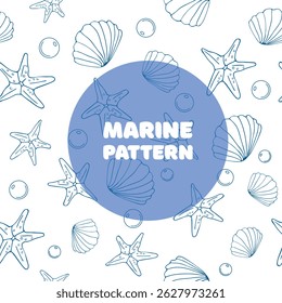 Vector linear seamless pattern with sea objects on white background. Marine theme.
