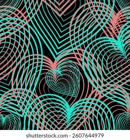 Vector linear seamless pattern with shapes of hearts form on dark green background.