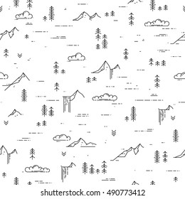 Vector linear seamless pattern with wild landscape elements. Waterfall, mountains, pine trees and clouds. Black and white outdoor seamless background