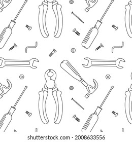 Vector linear seamless pattern without color and image of tools for construction, repair. It can be used in the textile industry, wrappers, etc.