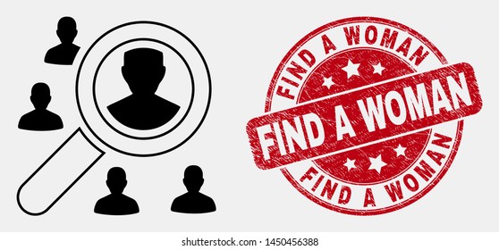 Vector linear search users pictogram and Find a Woman seal stamp. Blue round scratched seal with Find a Woman caption. Black isolated search users pictogram in line style.