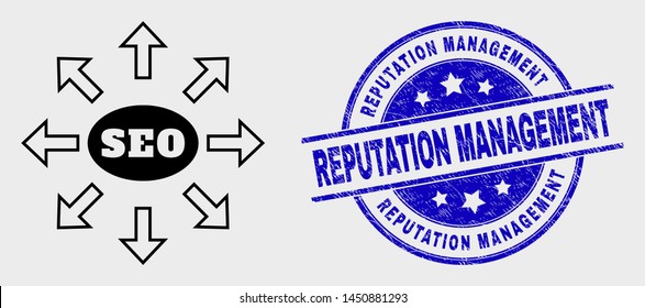Vector linear seo distribution arrows pictogram and Reputation Management stamp. Blue round scratched stamp with Reputation Management text.