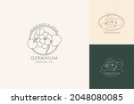 Vector linear set of botanical icons and symbols - geranium. Design logos for essential oil geranium. Natural cosmetic product