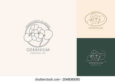 Vector linear set of botanical icons and symbols - geranium. Design logos for essential oil geranium. Natural cosmetic product