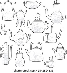 vector linear set of dummies and kitchen utensils. teapots of different shapes and sizes are isolated on a white background. set for the design of menus, restaurants, cafes, packaging, printed materia