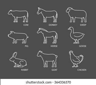 Vector linear set of farm animals. White silhouettes animals isolated on black. Line icons cow, pig, rabbit, donkey, horse, goat, sheep, goose and chicken.