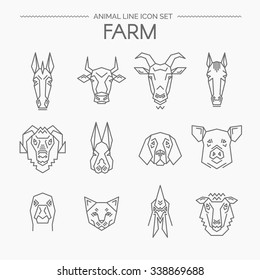 Conjunto lineal vectorial de animales de granja.Los animales diseñan iconos vectoriales.Estilo de línea delgada.