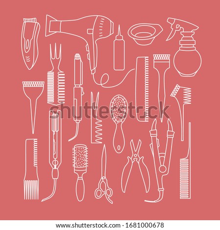 Vector linear set with hairdresser tools isolated on pink background. Handraw doodle style. Different professional combs, hair dryer. Object for hairdresser. Hairstyle concept. Beauty routine.