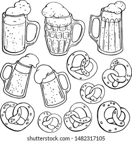 Vector linear set with hand drawn mugs of beer and pretzels. Octoberfest design. Traditional german drinks and food.