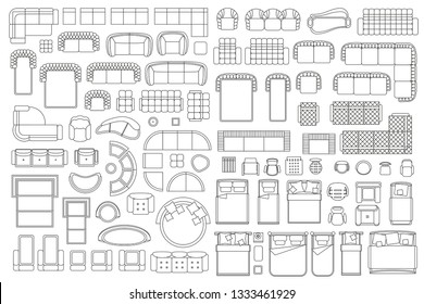 Conjunto lineal vectorial. Sofá, sillones, silla, camas, iconos interiores. Vista superior. Símbolo de esquema para comedor, dormitorio, oficina, cafetería, cocina y salón. 