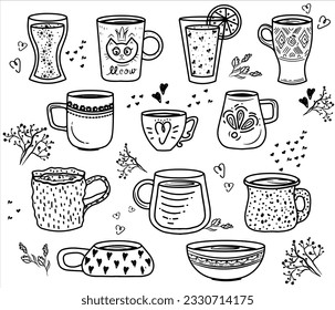 Vector linear set of mugs, cups and glasses