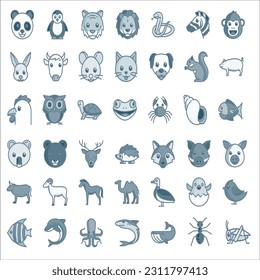 Vector linear set of silhouettes of domestic, farm, forest and wild animals. Line icon hedgehog, squirrel, cat, dog, cow, ferret, lion, panther and others. Open path. Animals Icons Pack. Thin line.