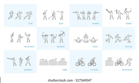 Vector linear set of sports icons on white background. Line summer and winter popular sports.