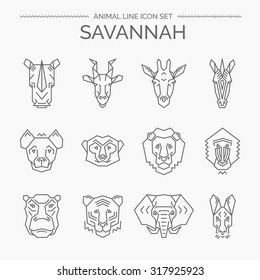 Vector linear set of wild savannah animals.Animals design vector icons.Thin line style.