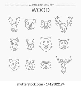 Vector linear set of wood animals. Animals design vector icons thin line style. Abstract geometric style. Editable stroke