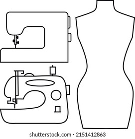 Vector linear sewing machines and female mannequin. Tailoring equipment in line art style. Isolated on white elements for design card, poster, illustration.