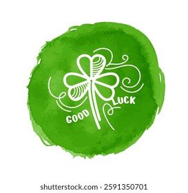 Vector linear shamrock on abstract watercolor blot background. Cute St. Patrick's Day greeting card. Vintage contour three leaf clover sign. Big bright green paint spot. Good luck. Funny holiday art.