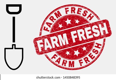 Vector linear shovel icon and Farm Fresh seal stamp. Blue rounded distress seal with Farm Fresh text. Black isolated shovel icon in linear style.