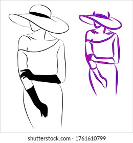 Vector linear silhouette of a figure of a lady in a hat. Vintage stylish illustration.