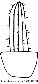 Vector linear silhouette image of a cactus in a pot on a transparent background