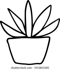 Vector linear silhouette image of a cactus in a pot on a transparent background