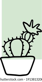 Vector linear silhouette image of a cactus in a pot on a transparent background