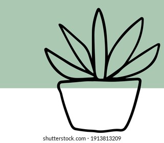 Vector linear silhouette image of a cactus in a pot on a transparent background