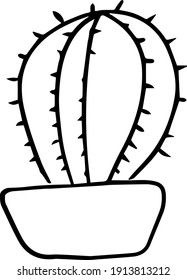 Vector linear silhouette image of a cactus in a pot on a transparent background