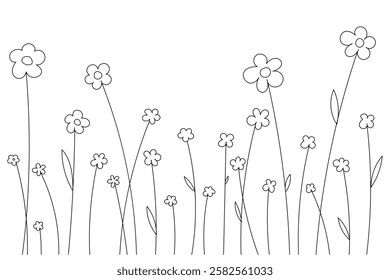 vector linear simple flowers. A field of identical colors, small and large. Blooming flowers. Children's coloring book for kids
