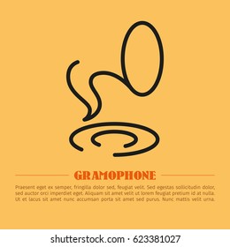 Vector linear simple icon with the abstract image of gramophone on a bright yellow background. Modern stylish thin flat design of the logo for the banner and other with space for text.
