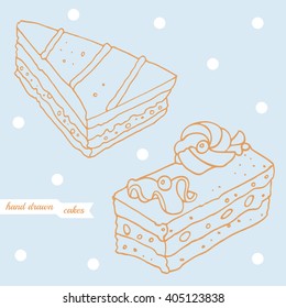 Vector linear sketch of the cakes on the blue background. Vector color hand drawn illustration of the tasty cakes. Image for wrapper, paper, web design, greeting card, cafe,menu,restaurant, bakery.
