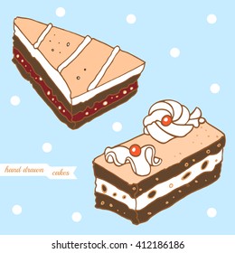 Vector linear sketch of the color cakes on the blue background. Vector color hand drawn illustration of the tasty cakes. 