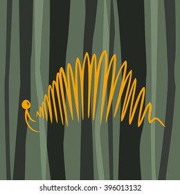 Vector linear sketch of the hedgehog in the wood. Vector stylized illustration of the urchin on the dark green background with trees. Image for schoolbooks, books, nature magazines, posters, cards.