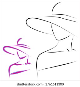 Esbozo lineal vectorial de una dama en un sombrero. Ilustración de estilo vintage.