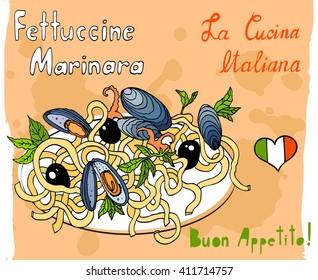 Vector linear sketch of the menu for restaurant with italian pasta, oysters, olives and text. Color hand drawn illustration of the italian food, heart with italian flag and lettering Italian kitchen.