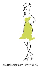 Vector linear sketch of model in green dress isolated on the white background. Vector hand drawn color fashion illustration. Image for fashion textile, fabric, magazines, web design, fashion industry.
