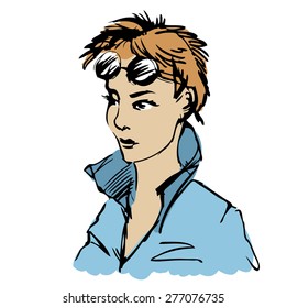 Vector linear sketch of the woman with red hair and glasses. Vector color hand drawn illustration on the white background. Image for fashion, shops, magazines.