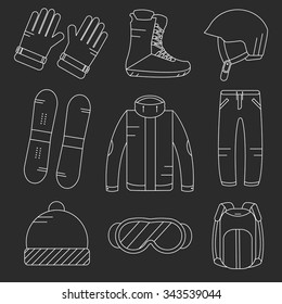 Vector linear snowboard equipment icons set. Winter sport activities objects. Gloves, boots, helmet, ski suit, hat, sunglasses, backpack.