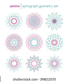 Vector linear spirograph circles, spiral emblems, abstract round design shapes in pink and blue