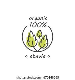 Vector linear stevia labels, logos, badges and icons. Natural sweetener design element. Organic stevia icon isolated. Eco safe stevia badge design.