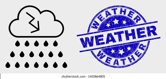 Vector linear storm cloud icon and Weather stamp. Blue rounded scratched stamp with Weather message. Black isolated storm cloud icon in linear style.