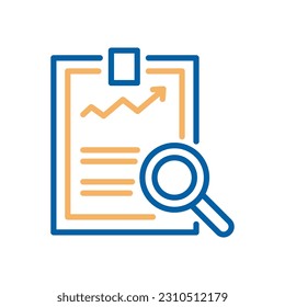 Vector linear stroke thin line icon of a magnifying glass on top of a documetn with data and statistics. Market research, web analytics