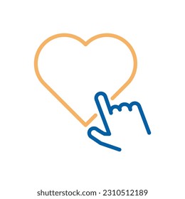 Vector linear stroke thin line icon of a hand pointer clicking on a heart. Like social media, internet content concept