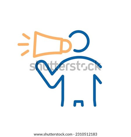 Vector linear stroke thin line icon of a person holding a megaphone. Brand ambassador, social media influencer, public speaker, product announcement