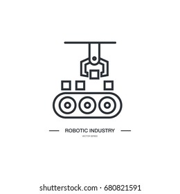Vector linear style icon set with automated factory equipment. Industrial machines, automated production line.